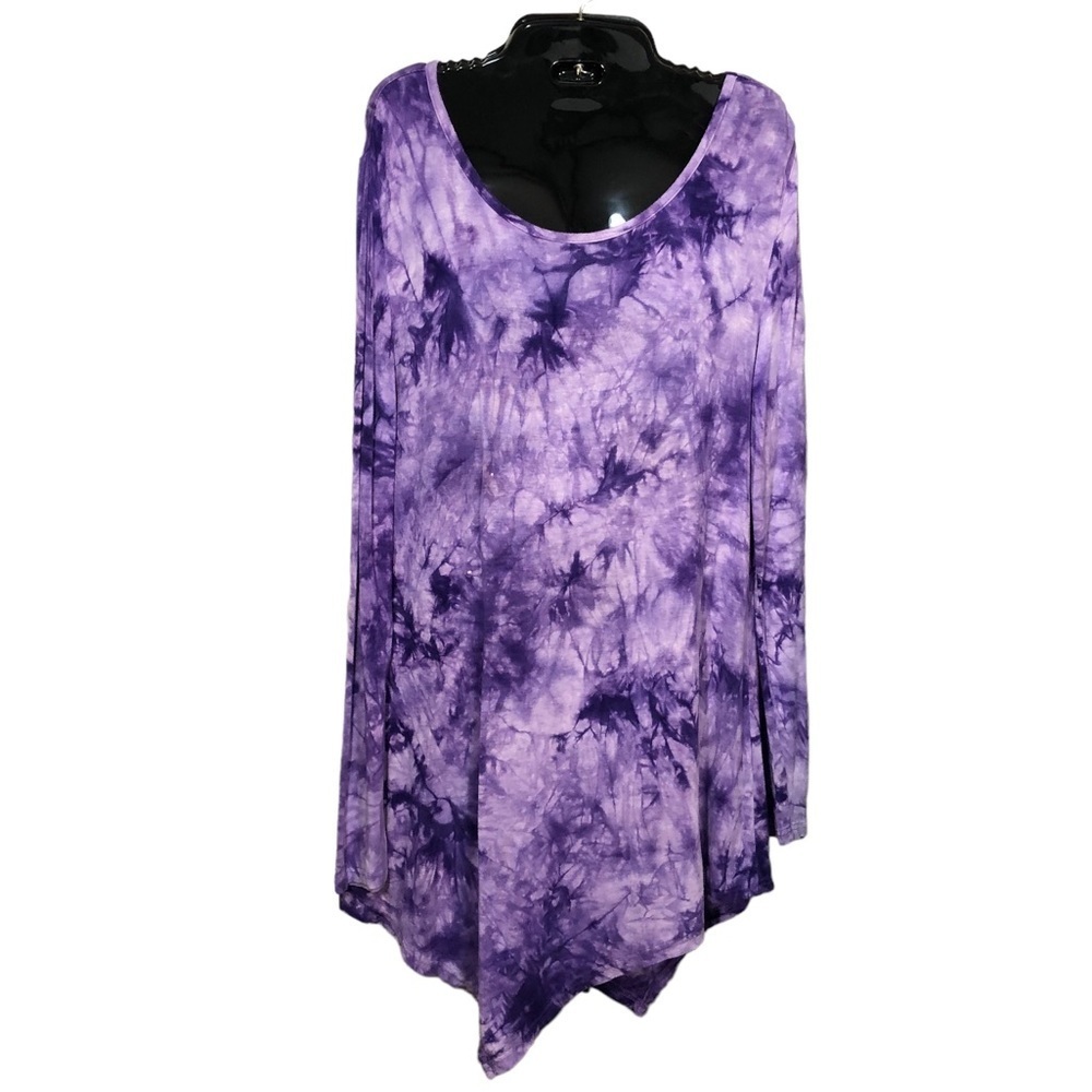 Purple Tie Dye Handkerchief Hem Long Sleeve T Shirt with Scoop Neck​​​​